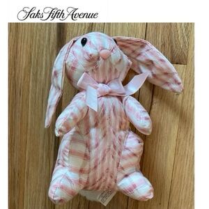 NWOT Saks Fifth Avenue Vintage Pink/White w/lt tan Striped Bunny, stuffed muslin